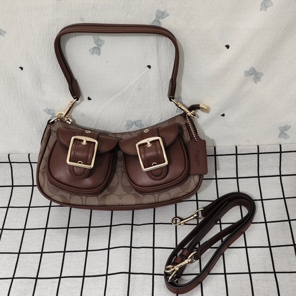 Coach Handbags - Coach Brown Signature Canvas Crossbody with Leather Buckle Pockets